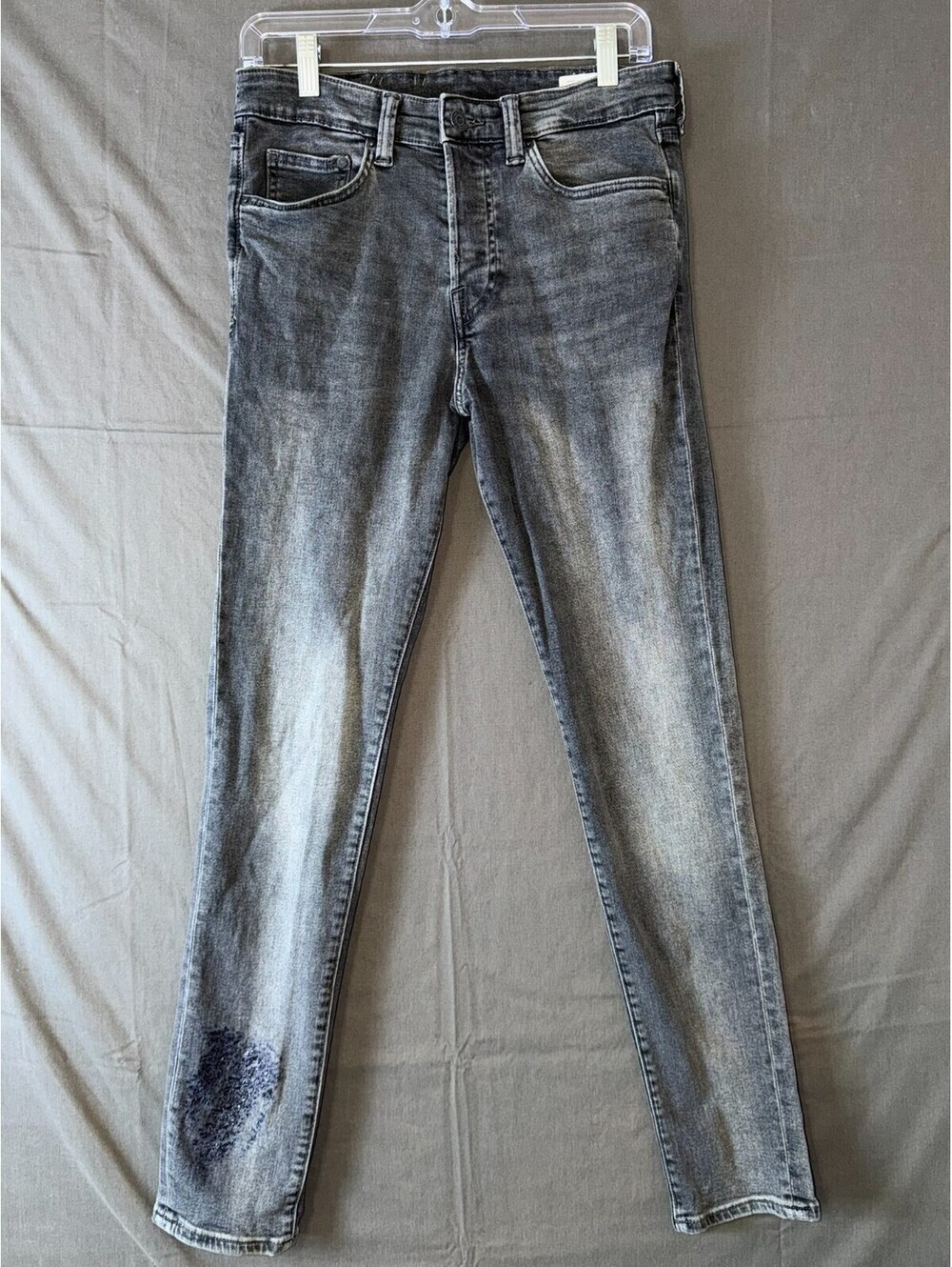 Gray Button Fly Jeans Distressed Faded Repair Patch Denim Size 10?